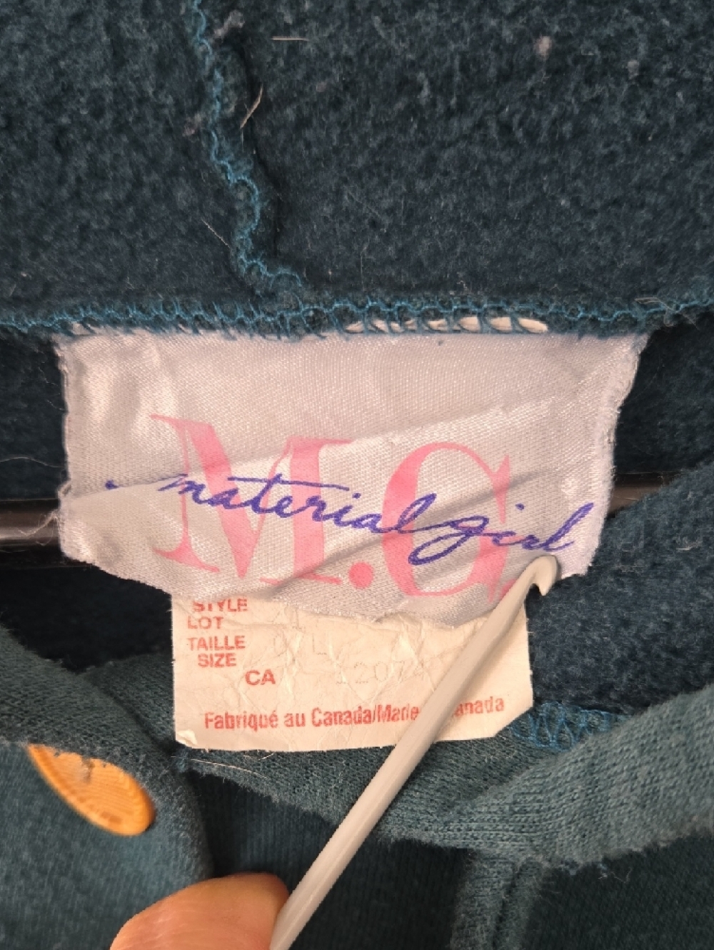 Great Vintage Item - Material Girl Teal Hooded Toggle Sweatshirt Made In Canada - Picture 2 of 5